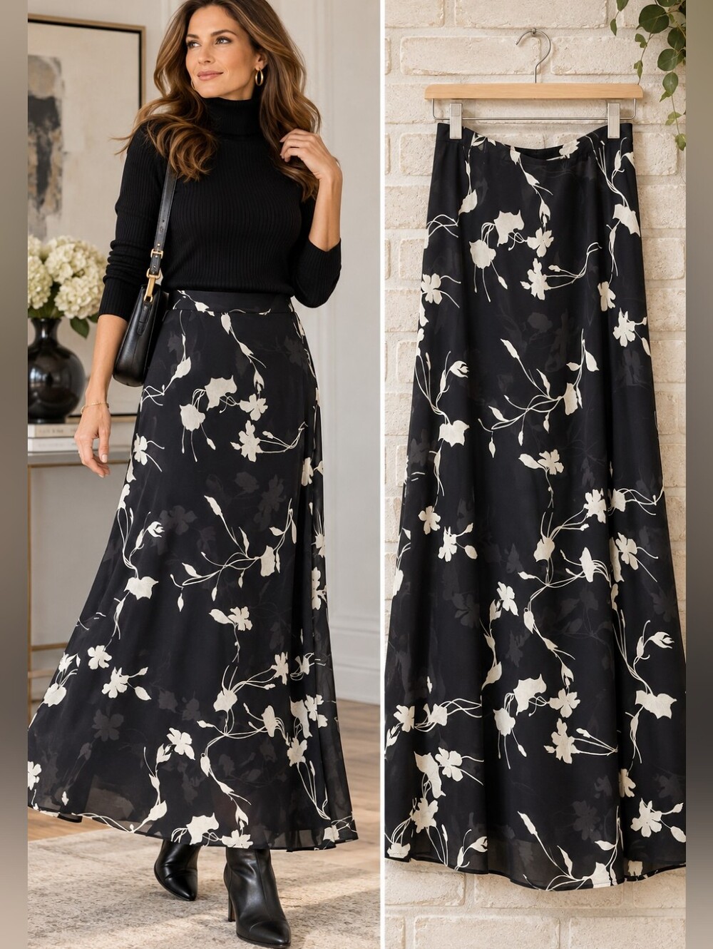 Black Floral A-Line Maxi Skirt - Elegant Women's Skirt
